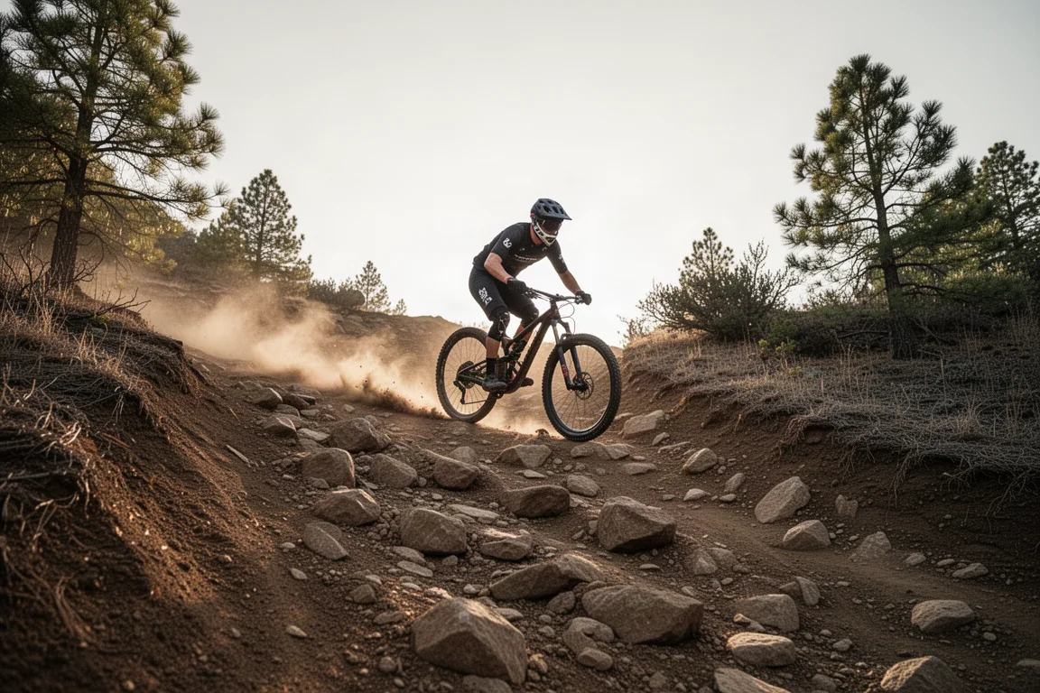 Cross-country mountain biker climbing a steep rocky trail in late afternoon light