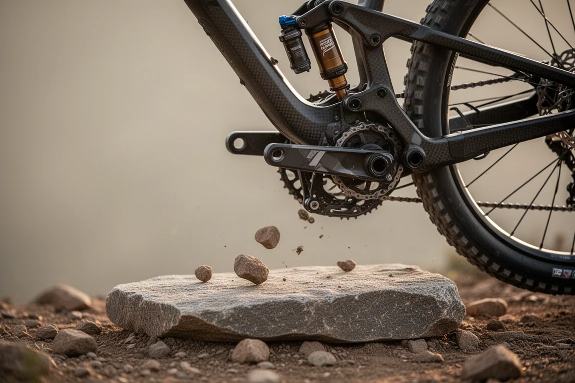 Rear suspension linkage of a mountain bike compressing over a rocky slab