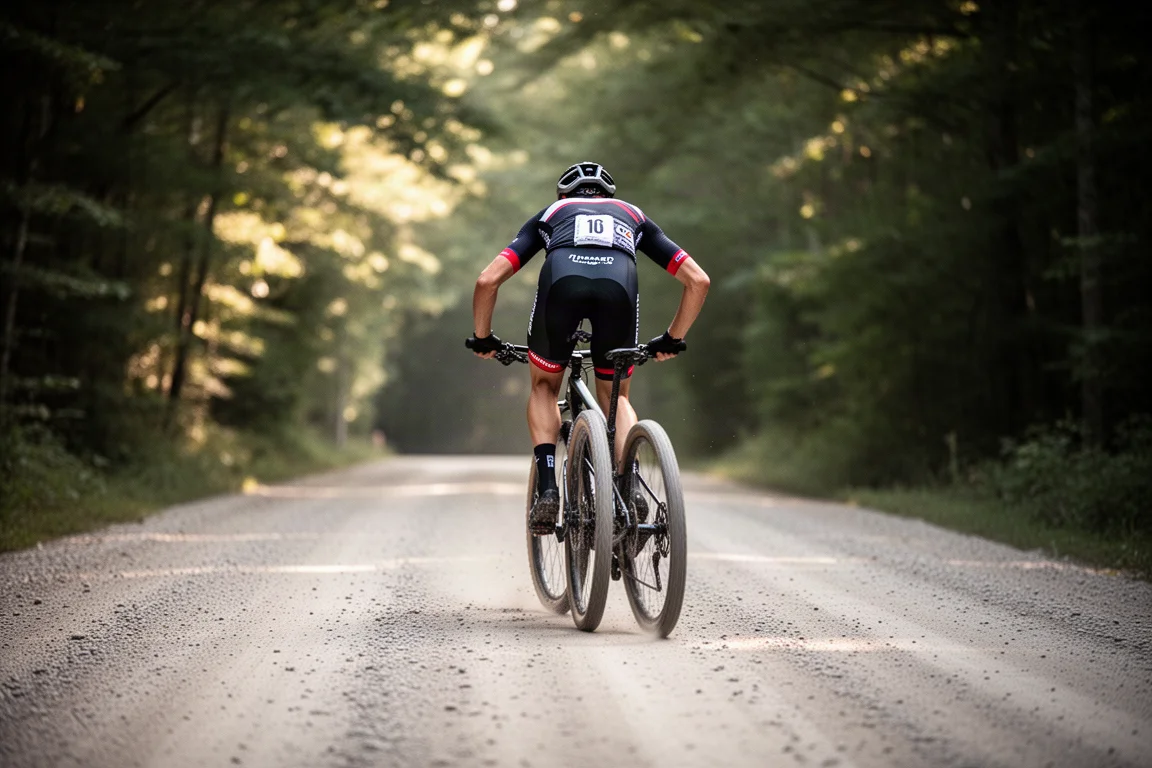 Cross-country racer sprinting along a smooth gravel fire road through forest
