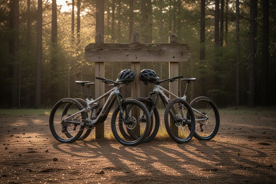 Two mountain bikes leaning on a wooden signpost in a forest clearing at dusk