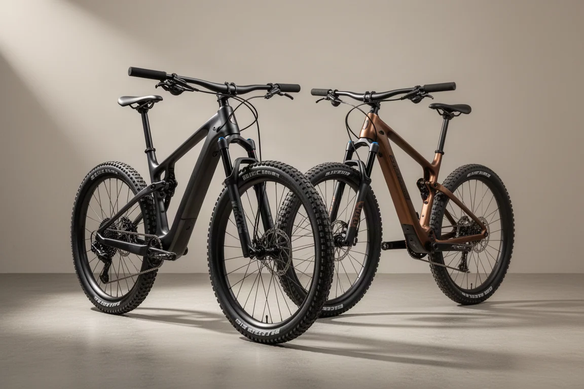 Twee lichtgewicht crosscountry-mountainbikes met volledige vering op een betonnen ondergrond