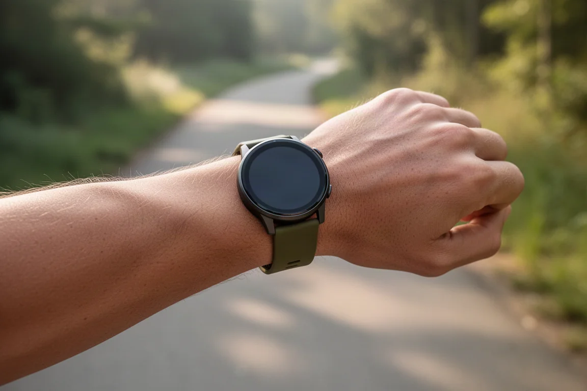 Wrist wearing a smartwatch with an olive sport band during an outdoor run