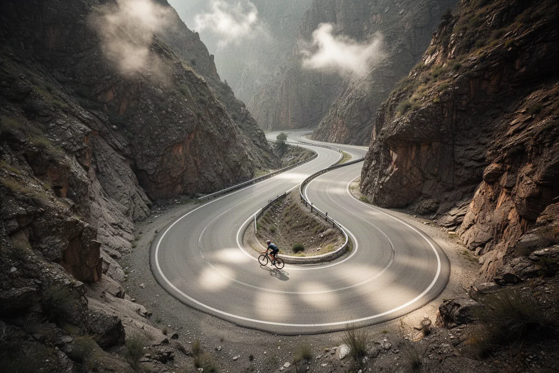 GPS track line overlaid on a winding canyon road seen from above