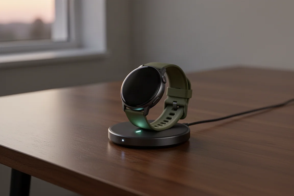 Smartwatch charging on a wireless dock with a glowing indicator