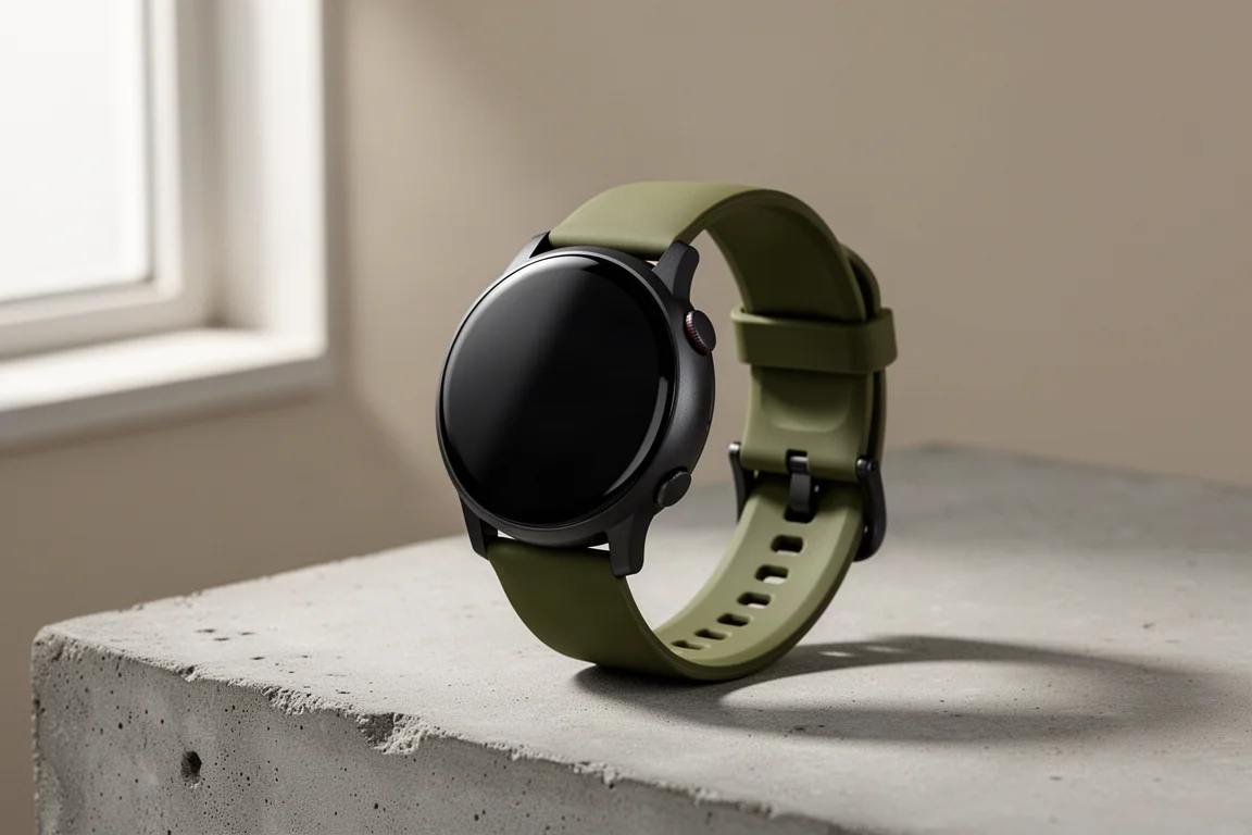Google Pixel Watch 5 with olive sport band on a concrete surface