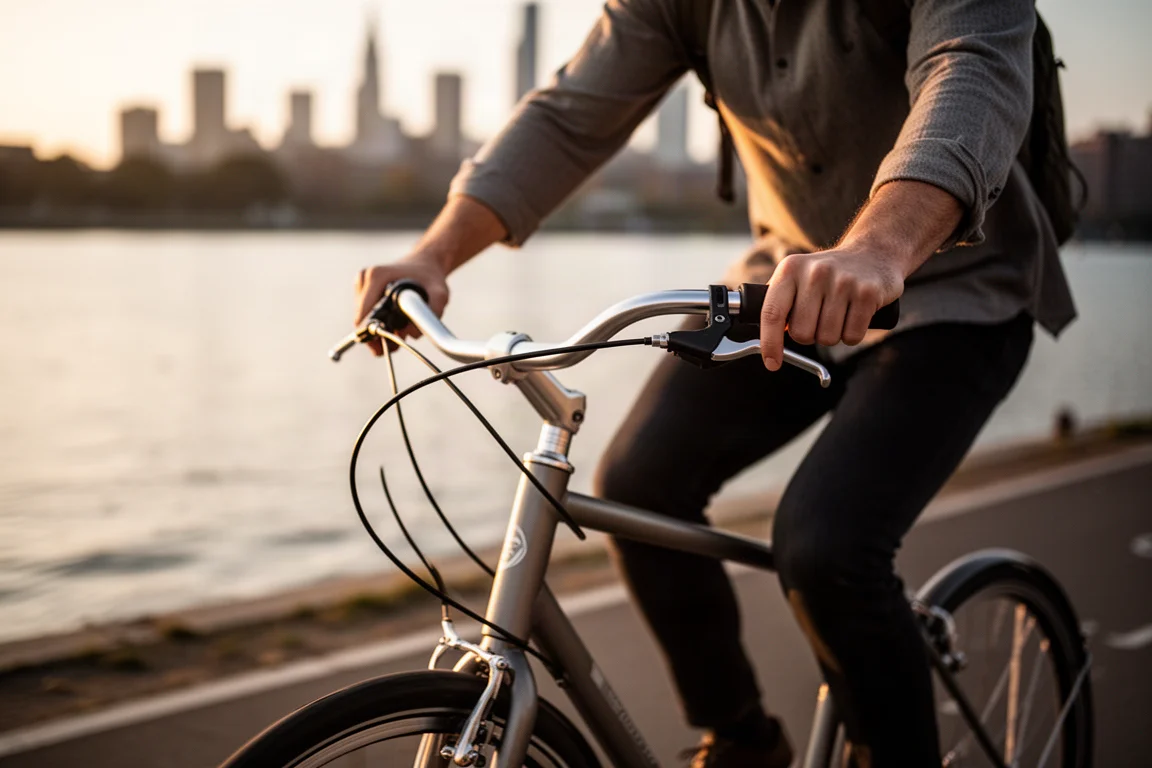 夕暮れの黄金色の光の中、都市のウォーターフロントの自転車道を走るサイクリスト