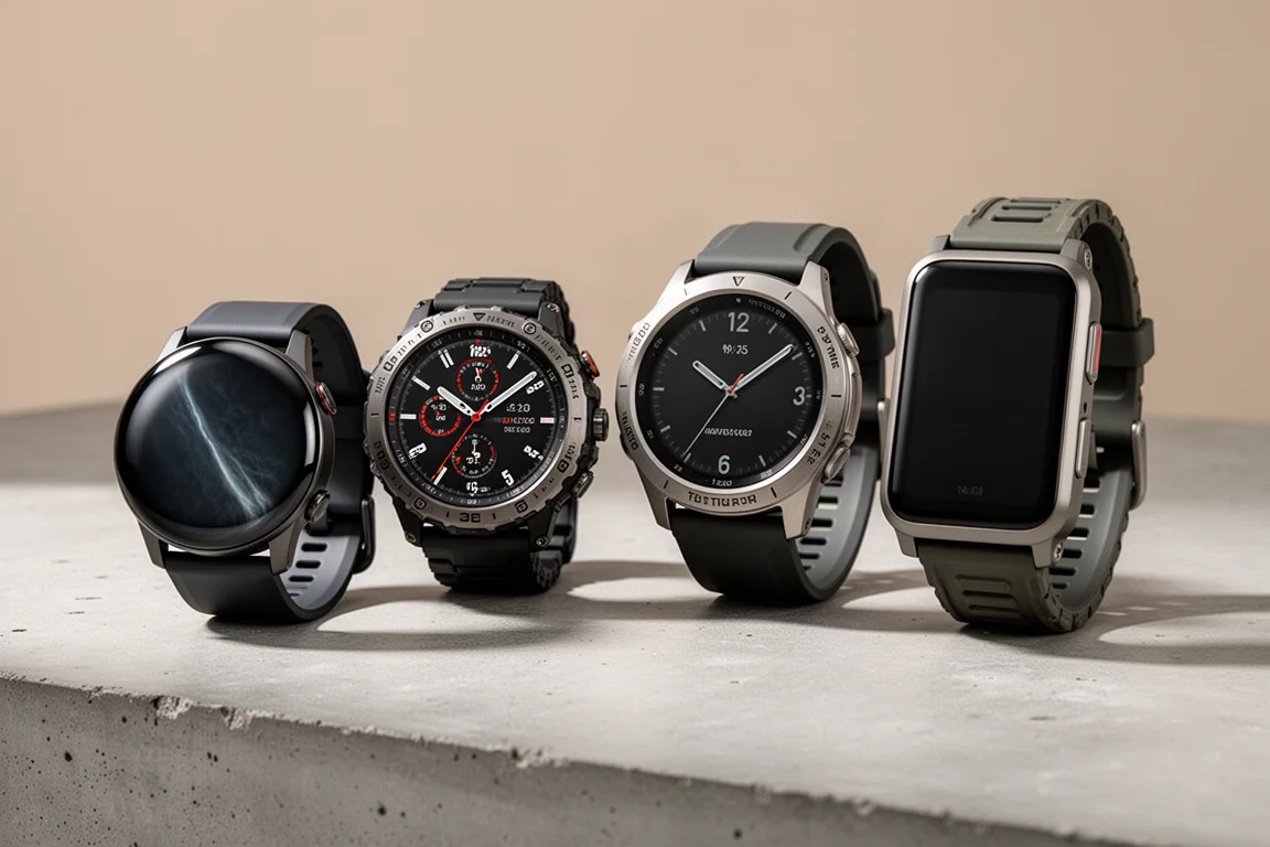 Four GPS smartwatches lined up on a matte concrete surface in studio light