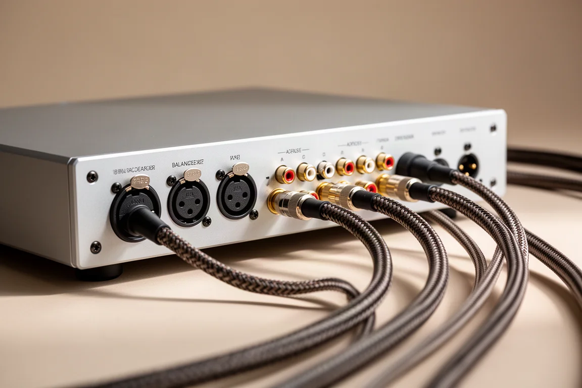 Close-up van XLR- en RCA-connectors op het achterpaneel van een zilveren audiochassis