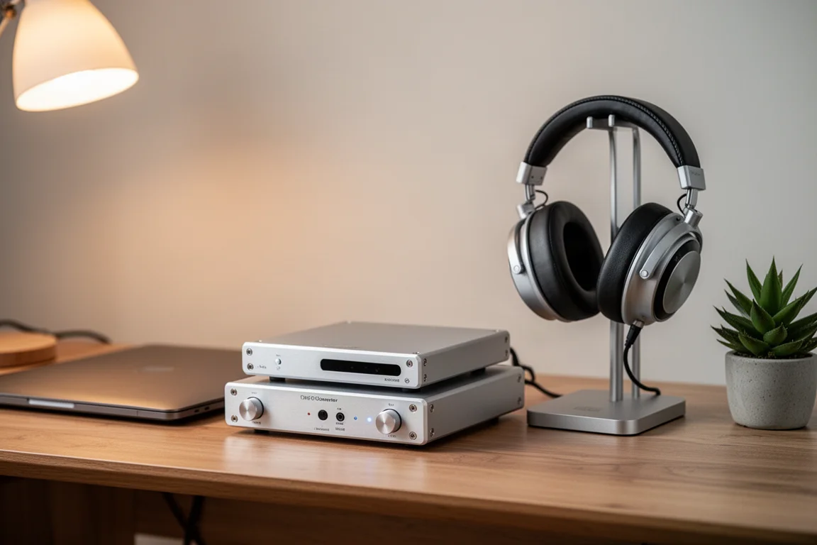 Desktop-audio-opstelling met slanke zilveren DAC-stack en hoofdtelefoon op een houten bureau