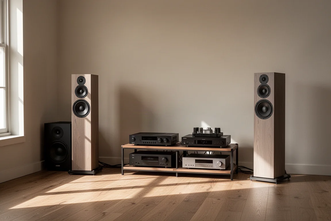 Woonkamersysteem met vloerstaande luidsprekers, apparatuurrack en subwoofer in de hoek