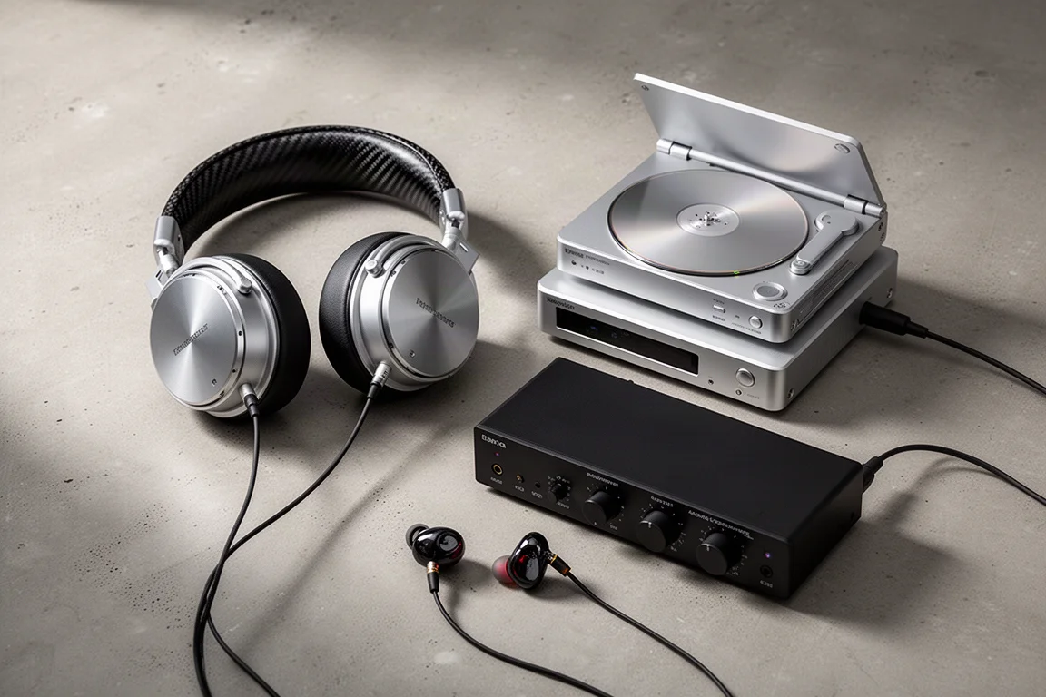 Flat-lay of planar headphones, CD player, DAC stack, crossover and in-ear monitors on concrete