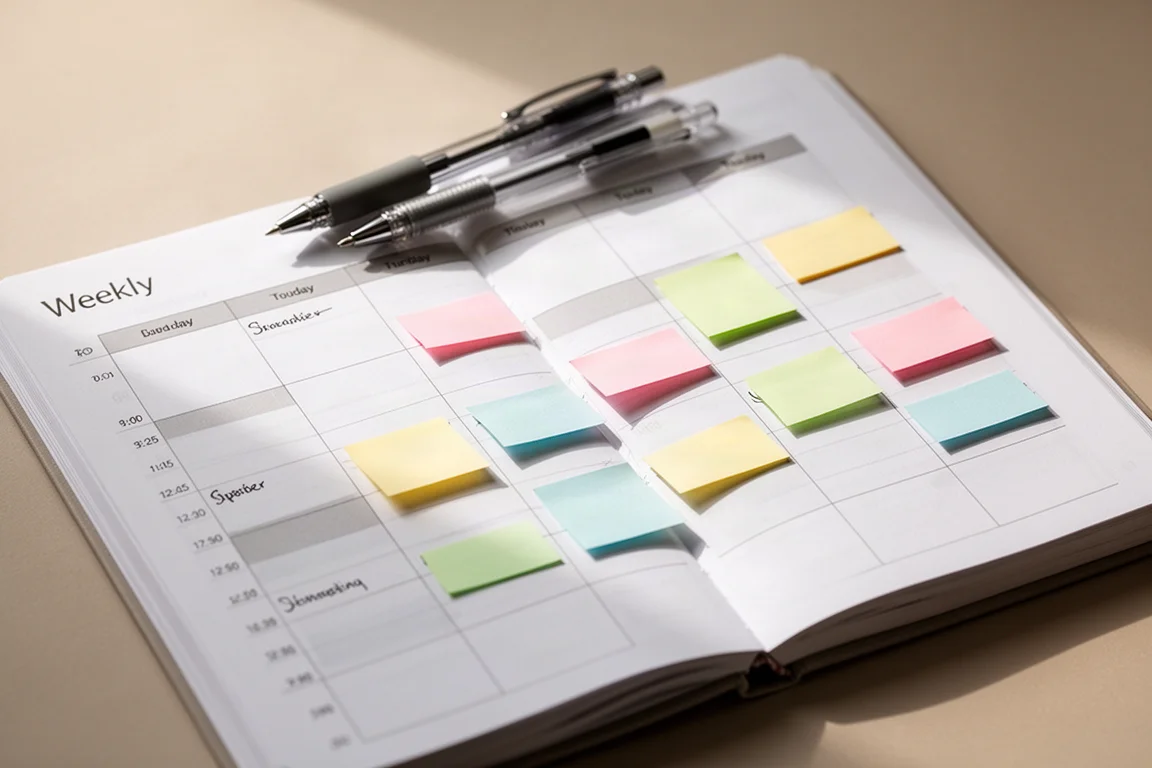 Tygodniowy planner z kolumnami godzinowymi i kolorowymi karteczkami samoprzylepnymi ułożonymi jako bloki czasu