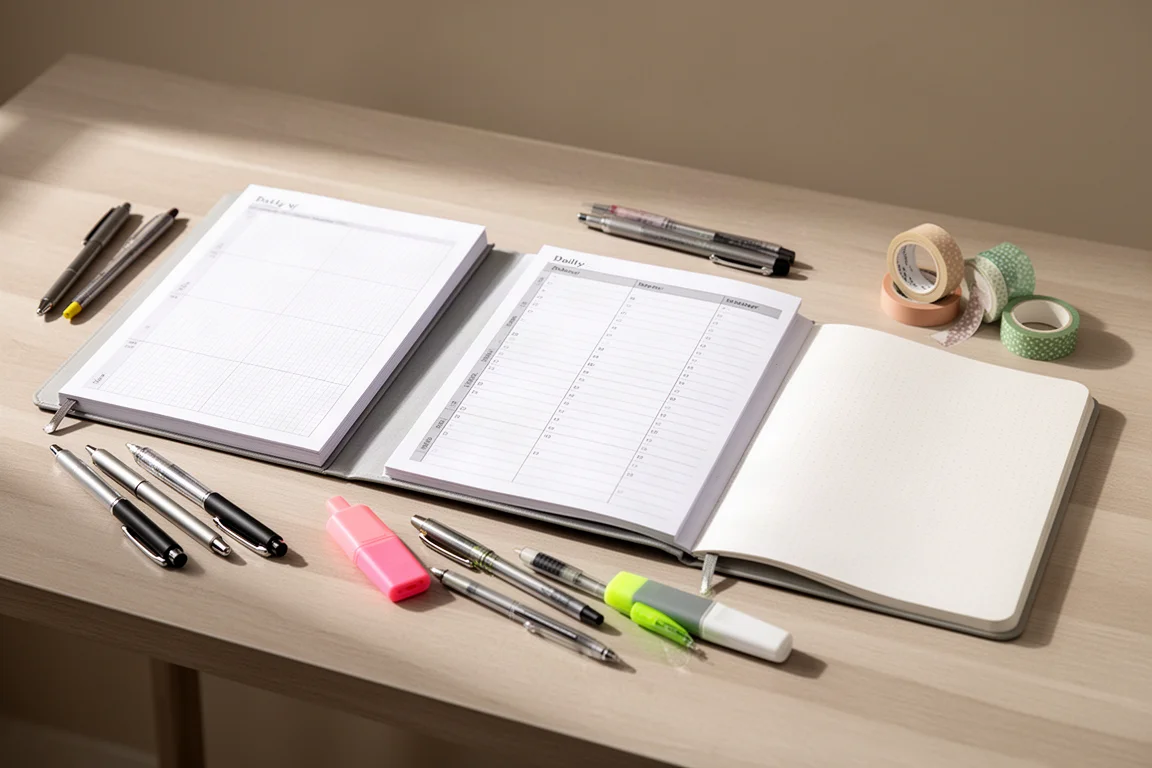 Three open planners on a wooden desk surrounded by pens, highlighters, and washi tape