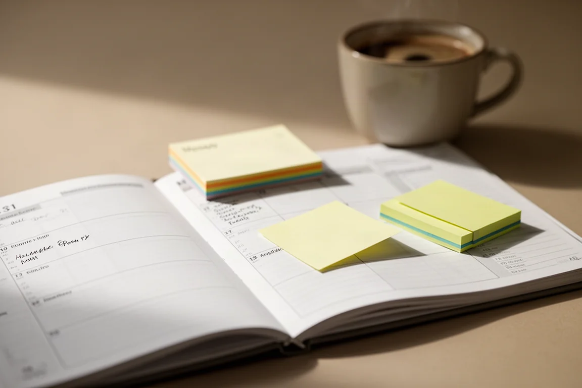 Bloco de notas e post-its em uso durante uma anotação rápida de tarefas na mesa