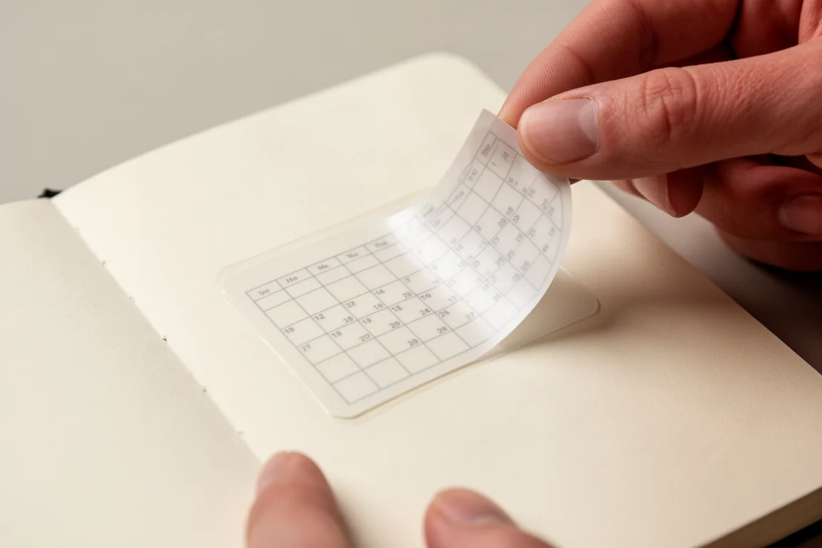 Adesivos de calendário sendo aplicados em uma página em branco de planner
