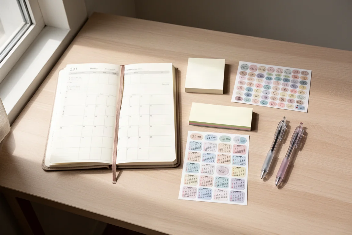 Composizione flat lay con planner, blocco memo, post-it, adesivi per calendario e penne su una scrivania in legno