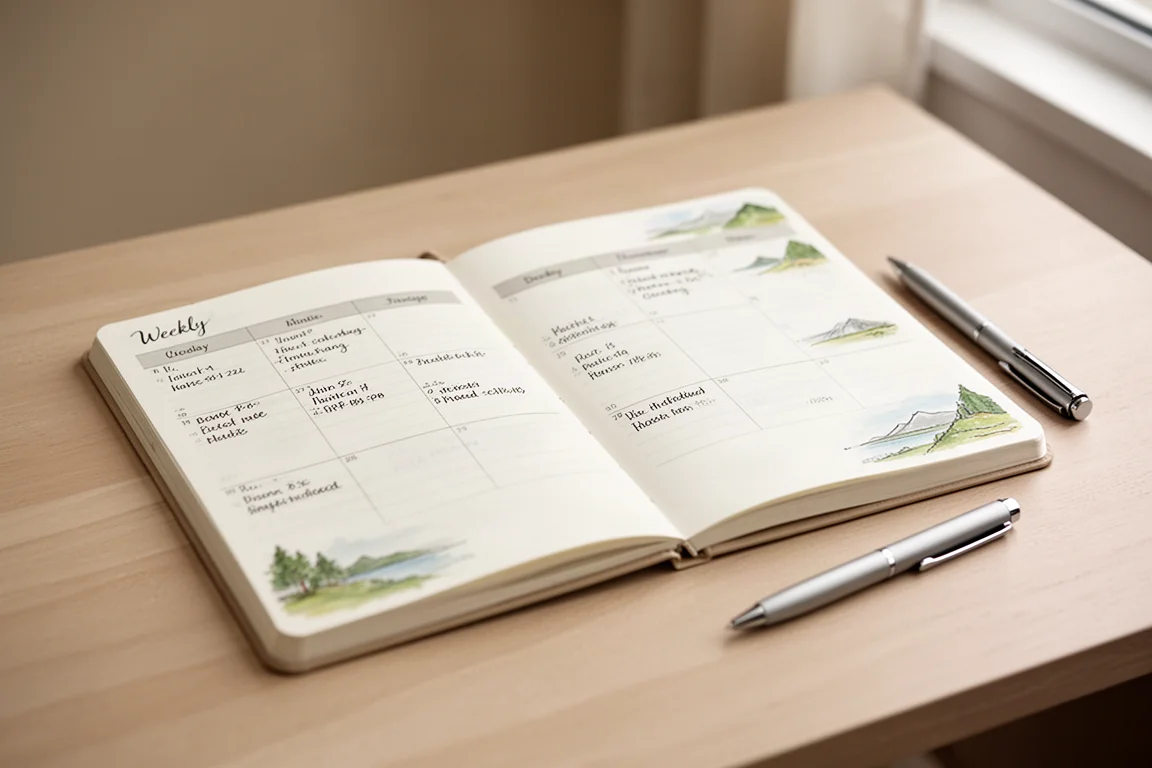 Opengeklapte weekagenda met handgeschreven notities en kleine schetsen naast een dichtgekapte pen