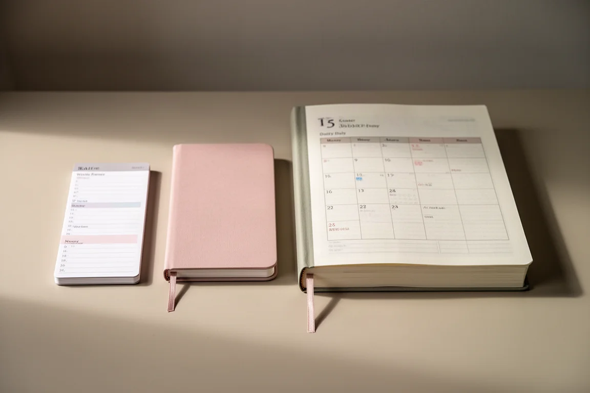Een slanke weekagenda en een dikke dagagenda gestapeld naast elkaar, waarop het formaatverschil te zien is