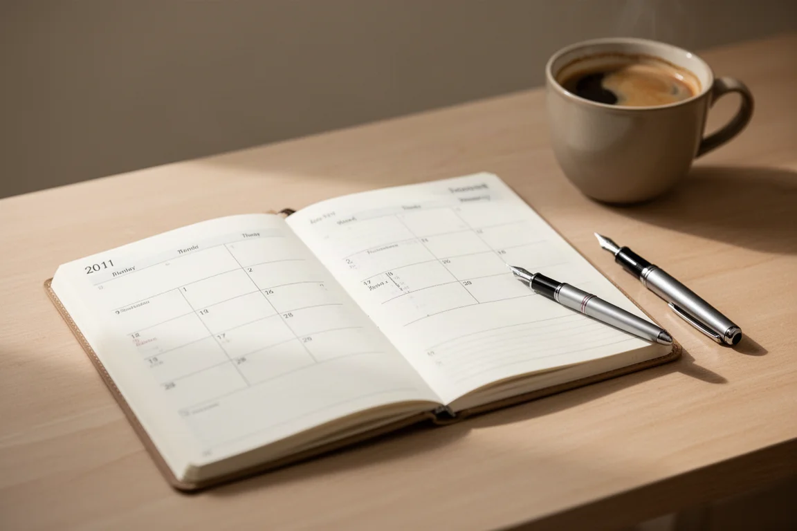 Open daily planner on a desk with a pen resting beside a cup of coffee