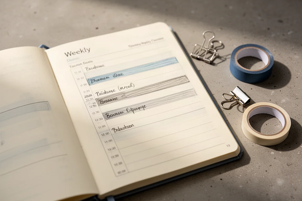 Weekly planner spread showing an hourly vertical layout under soft desk light
