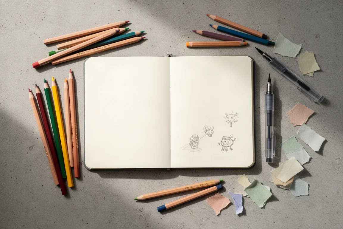 Person sketching and doodling in a blank notebook at a bright table