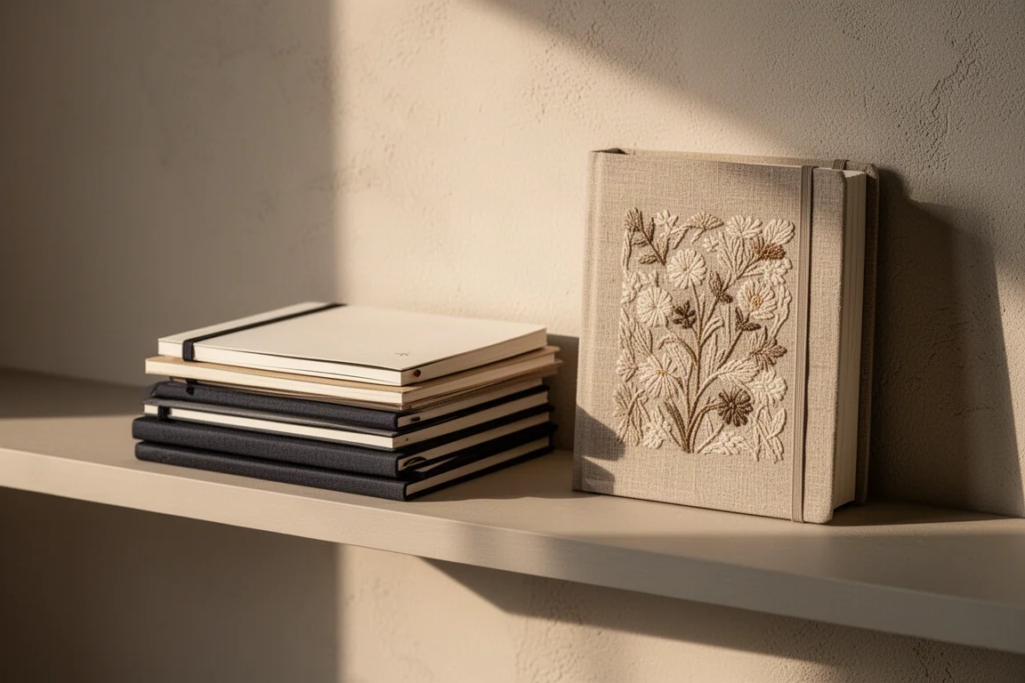 Stack of slim notebooks and a cloth-bound diary on a minimalist shelf