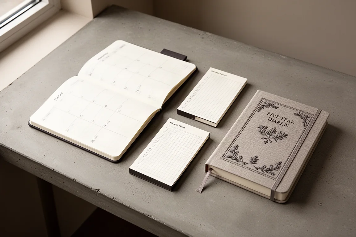 Assorted planners and notebooks arranged on a concrete desk in soft light