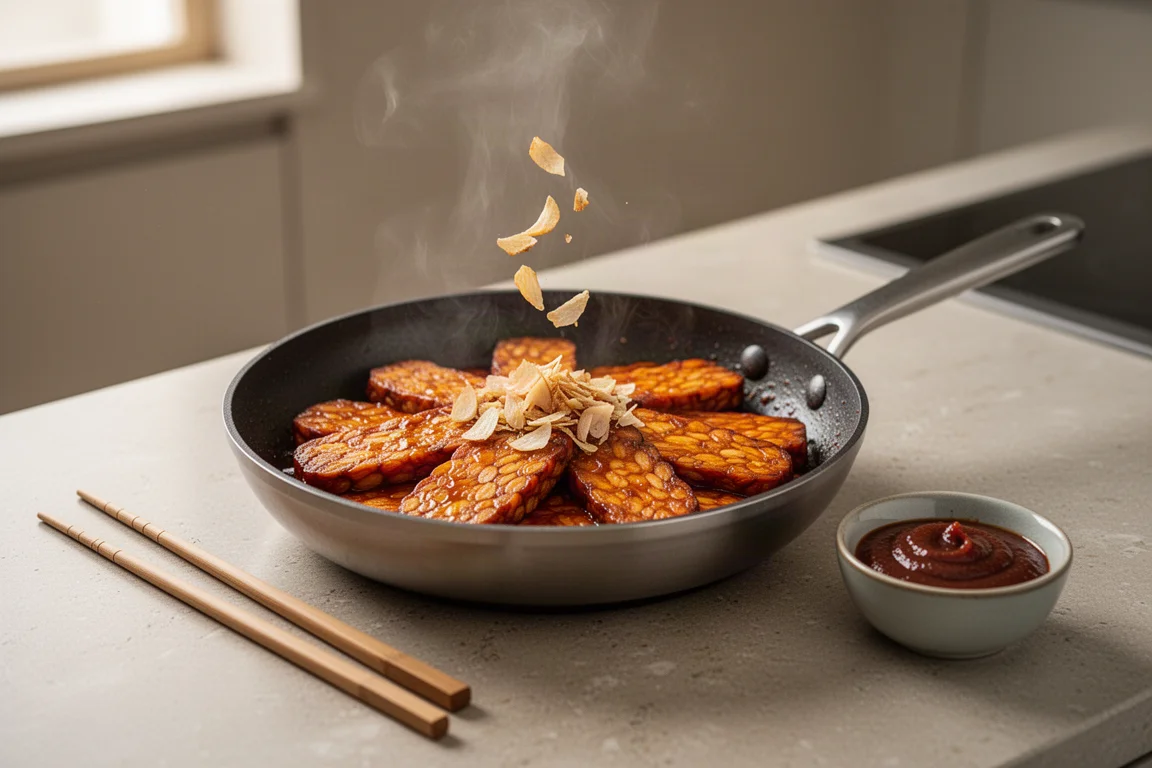Ein Koch richtet in einer modernen Küche ein Tempeh-Gericht mit Gochujang-Glasur und knusprigem Knoblauch an