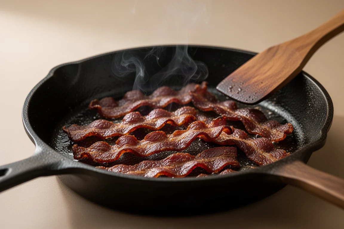 Rauchiger pflanzlicher Bacon-Speckwurfel wird in einer heißen Pfanne knusprig gebraten