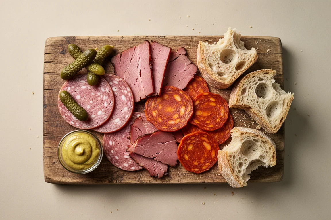 Eine Delikatessplatte mit dünnen pflanzlichen Salami- und Chorizo-Scheiben sowie Pickles und Brot