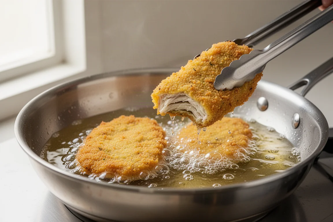 Goldgelbe panierte pflanzliche Filets braten in Öl, Blasen steigen auf