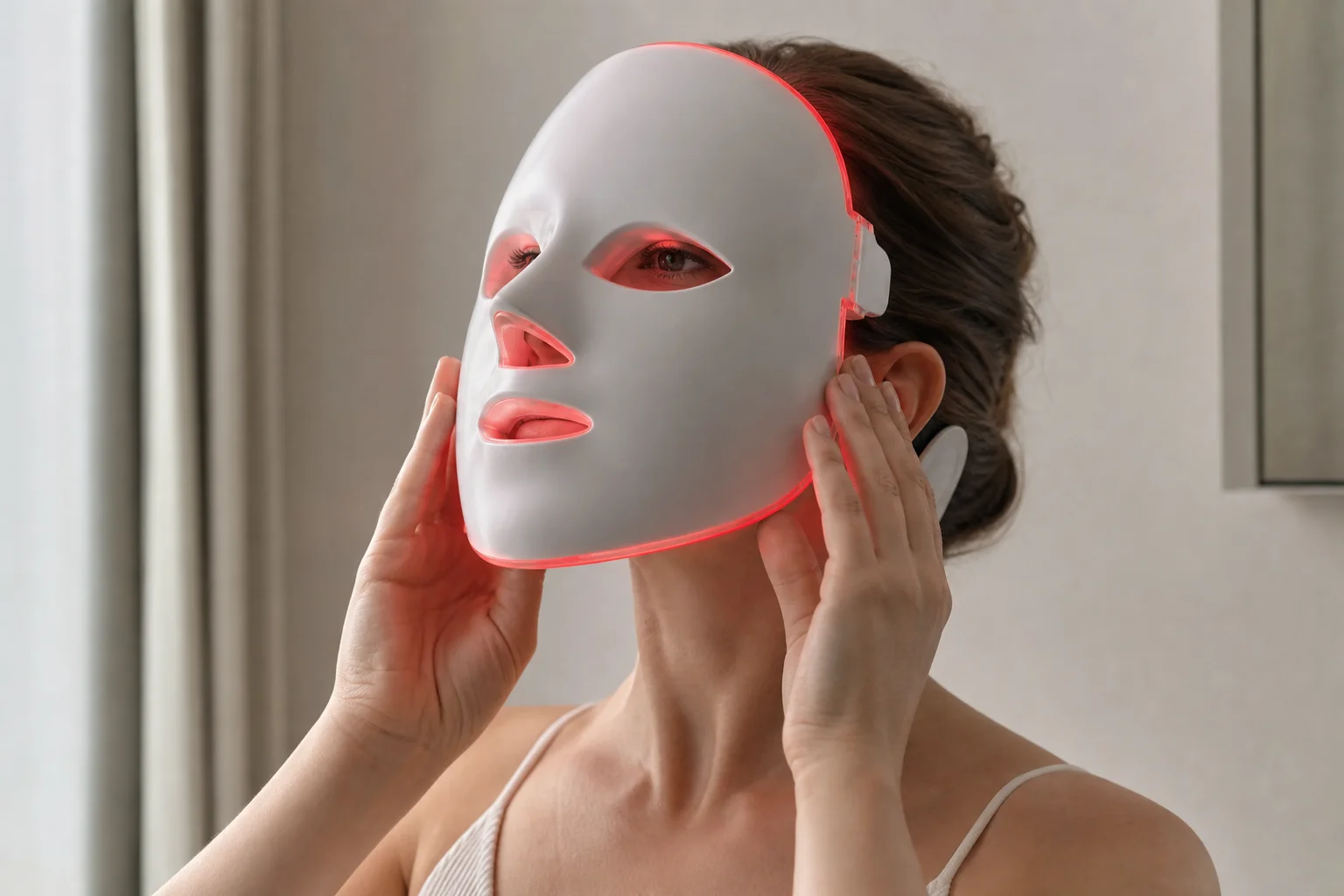 Person applying LED mask showing proper fit and contact with facial skin