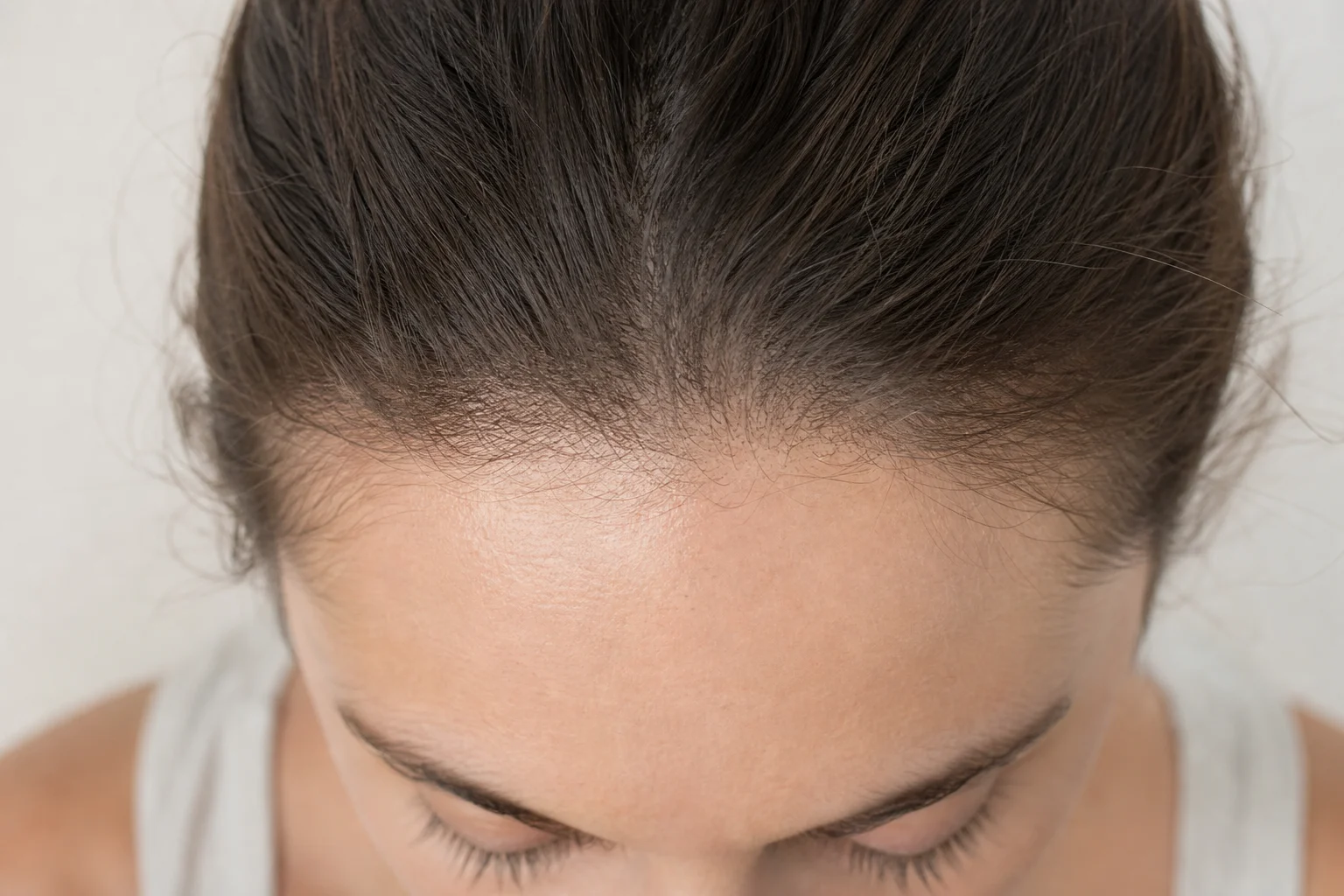 Overhead view of a person's hairline and forehead area in natural light