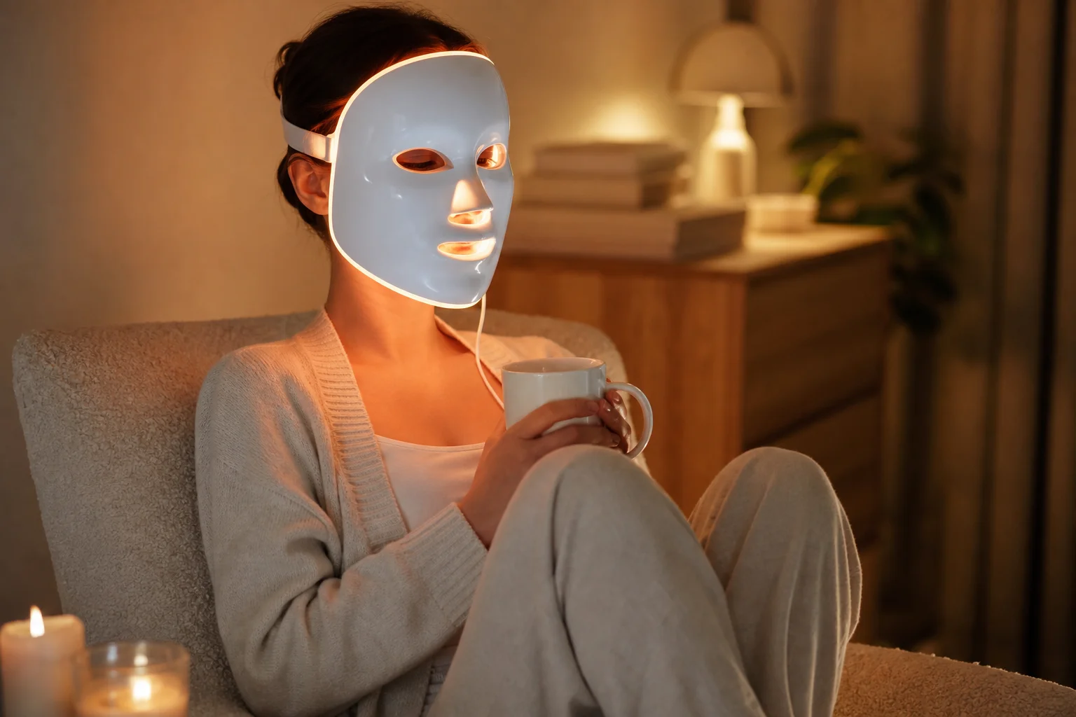 Person wearing LED mask during evening skincare routine at home
