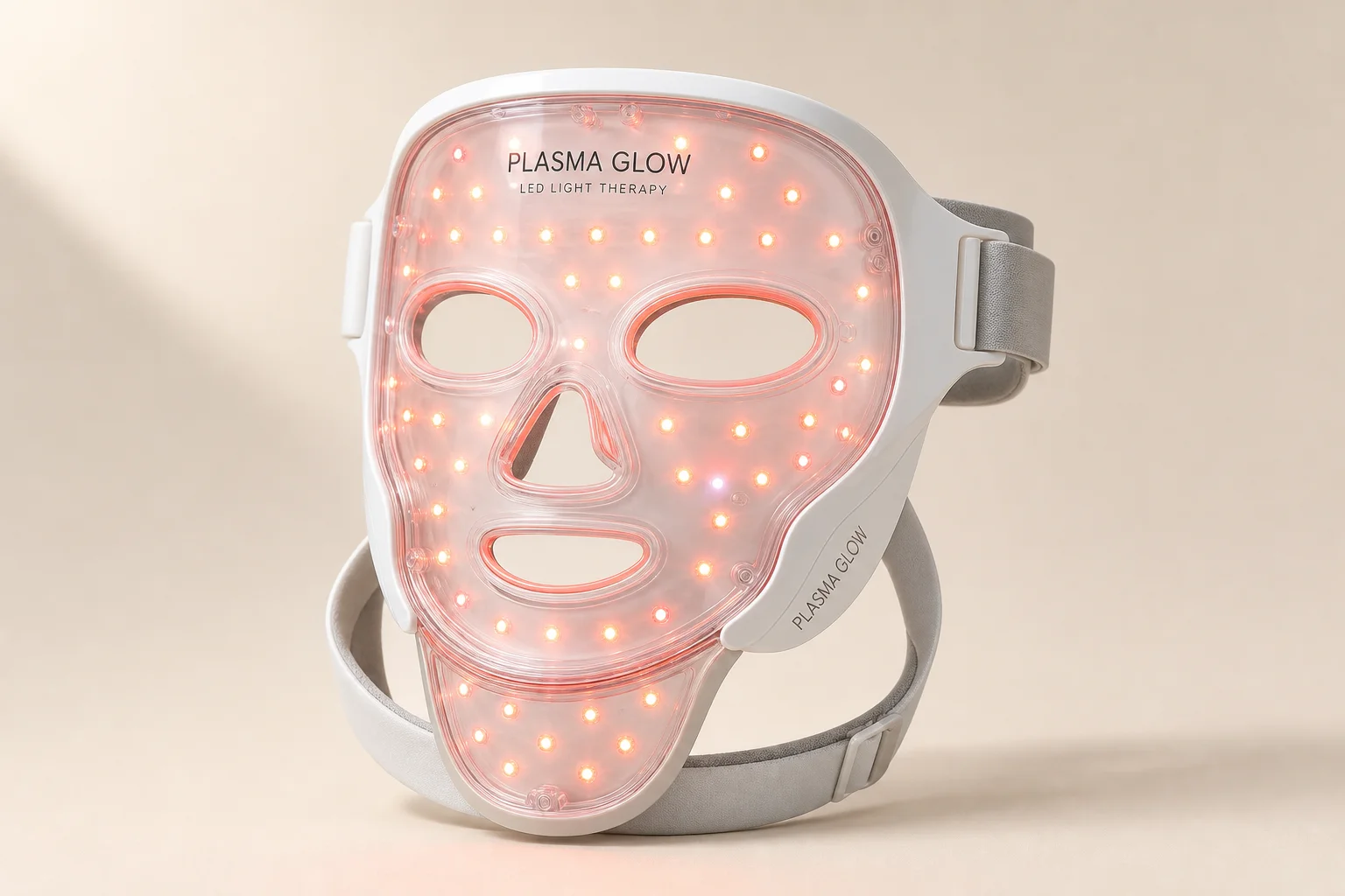 Plasma Glow LED mask with integrated chin strap on neutral backdrop