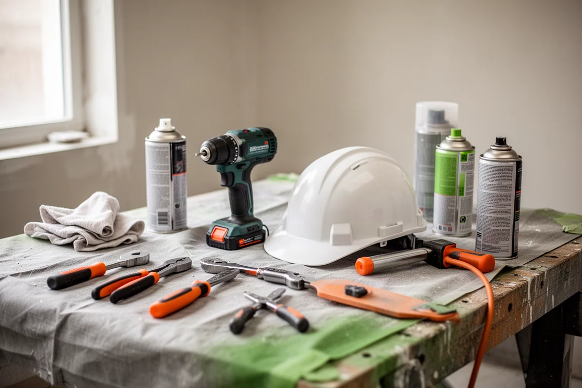Bancada de trabalho com ferramentas de oficina, furadeira e capacete dispostos antes do revestimento