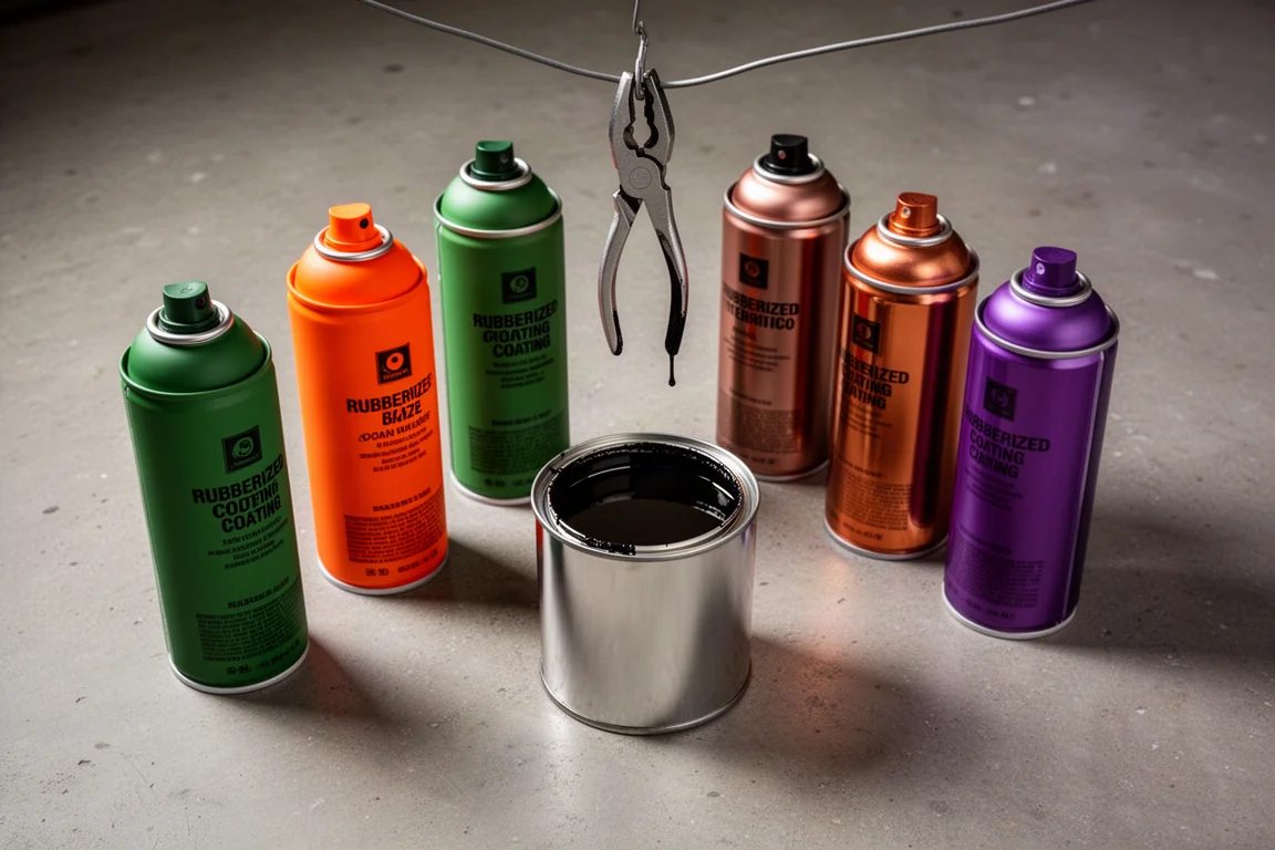 Assorted Plasti Dip spray cans and dip can arranged on a workshop floor