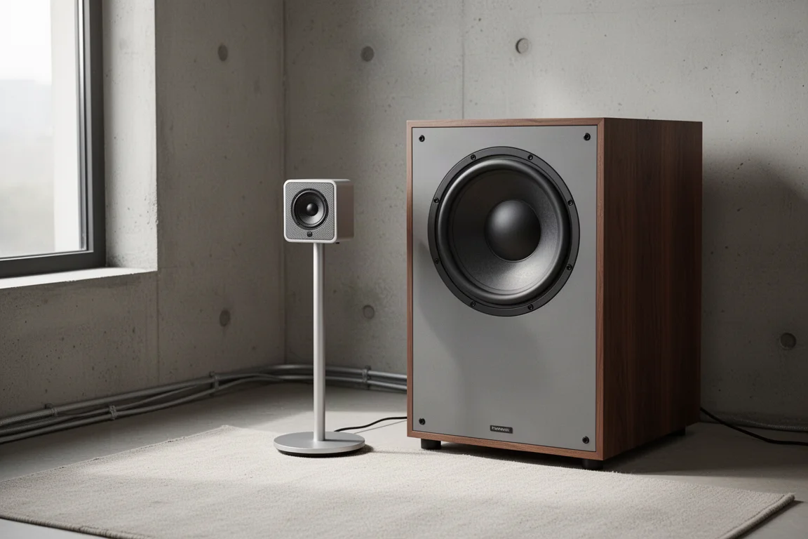 Kompakter Aluminiumlautsprecher auf einem Ständer neben einem großen Subwoofer in einem minimalistischen Raum