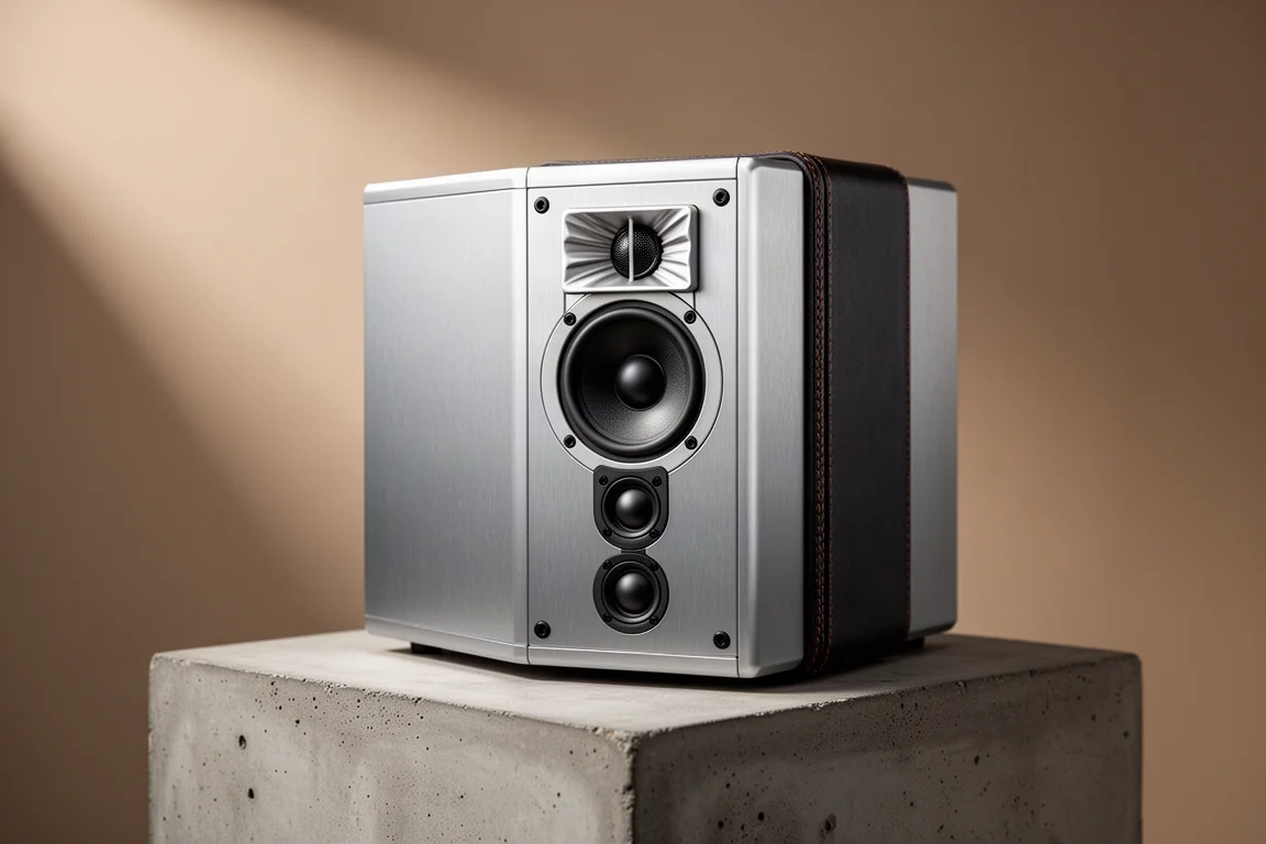 Compact aluminum two-way bookshelf speaker on a concrete plinth in soft studio light
