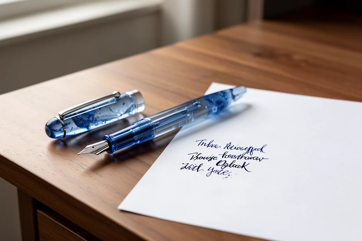 Blauwe translucide vulpen liggend op een bureau naast een handgeschreven briefje