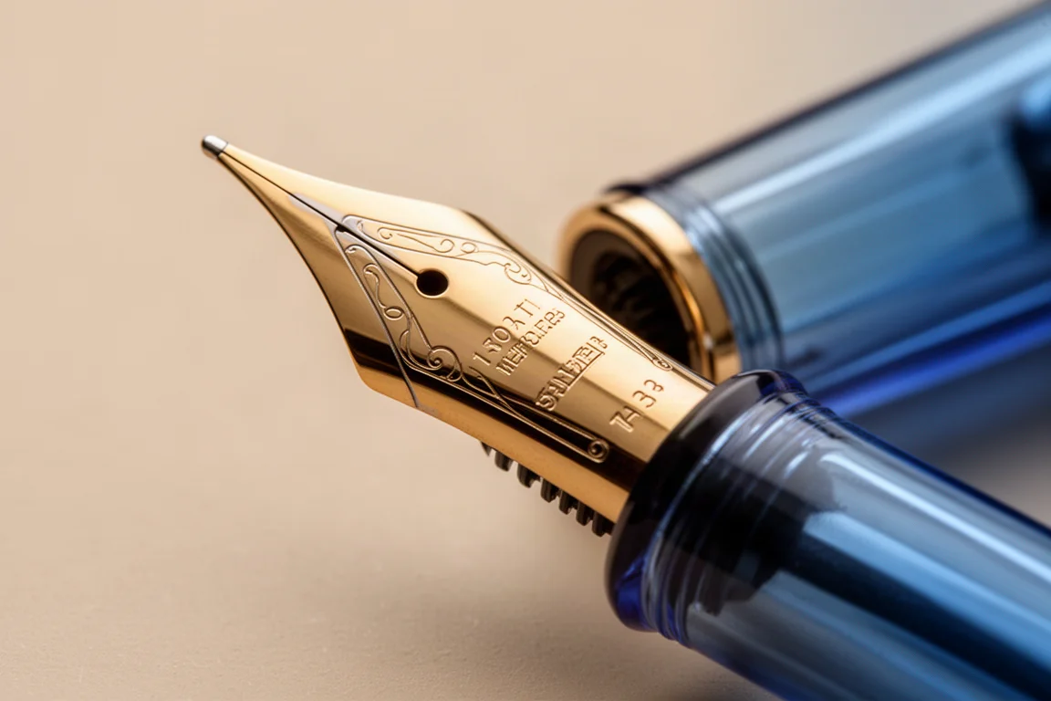 Close-up van een grote gouden vulpenveer met fijn gedetailleerde gravering