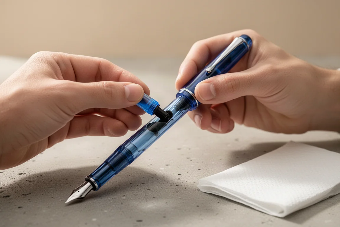 Blauwzwarte inktcartridge die in het gedeelte van een vulpen wordt geplaatst