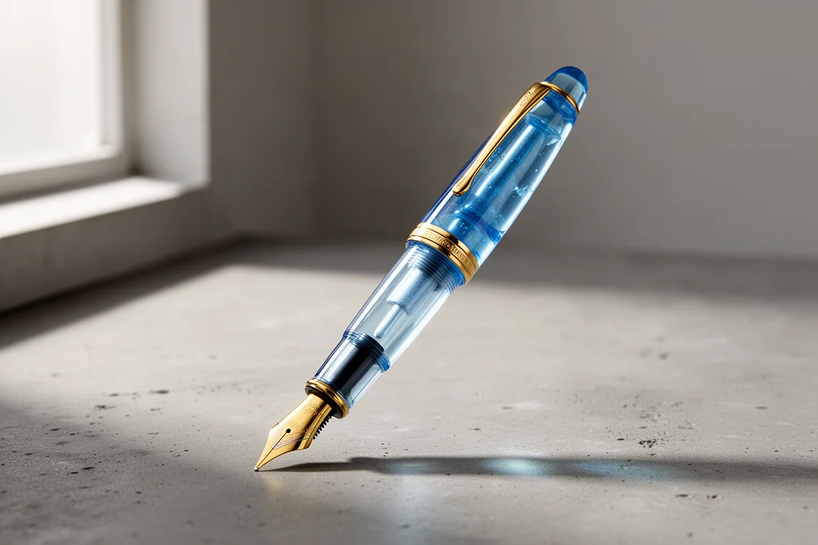 Translucent blue fountain pen with gold trim and gold nib on a concrete surface