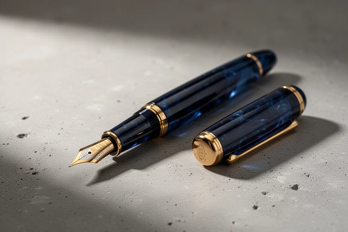 Uncapped translucent blue fountain pen with gold trim and gold nib on concrete surface