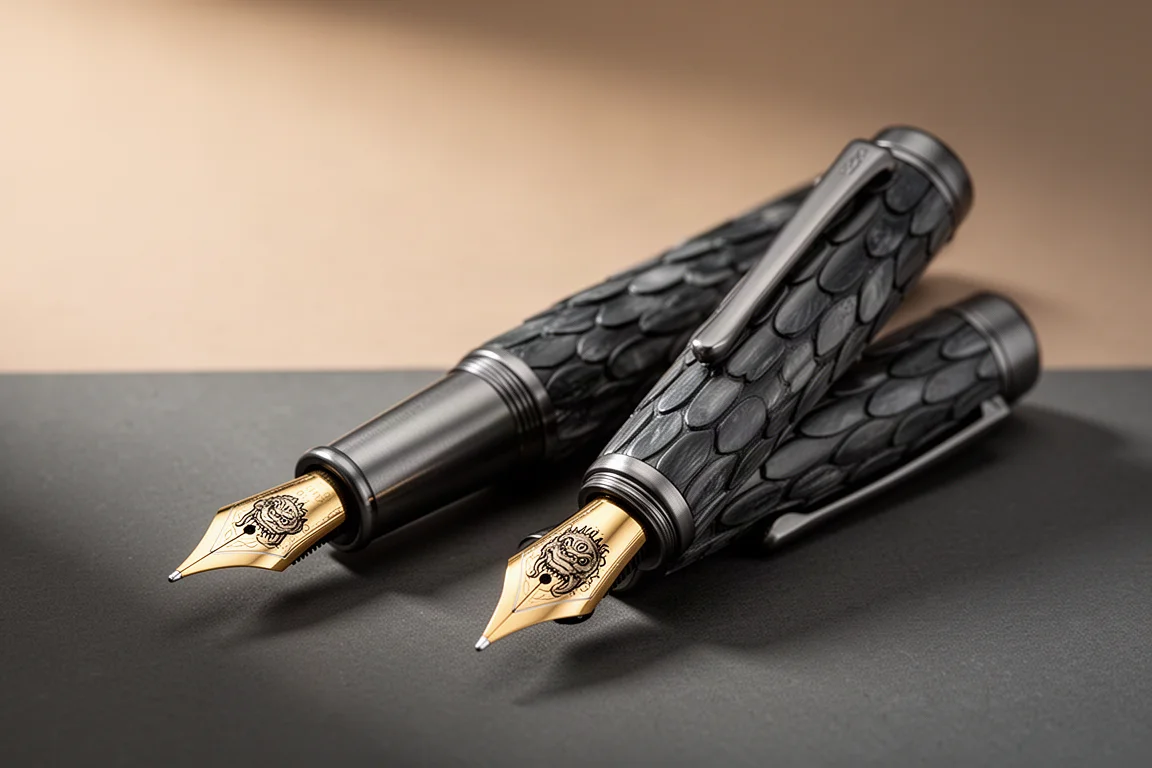 Dark resin fountain pen with scale-plate detailing and gold nib on charcoal surface