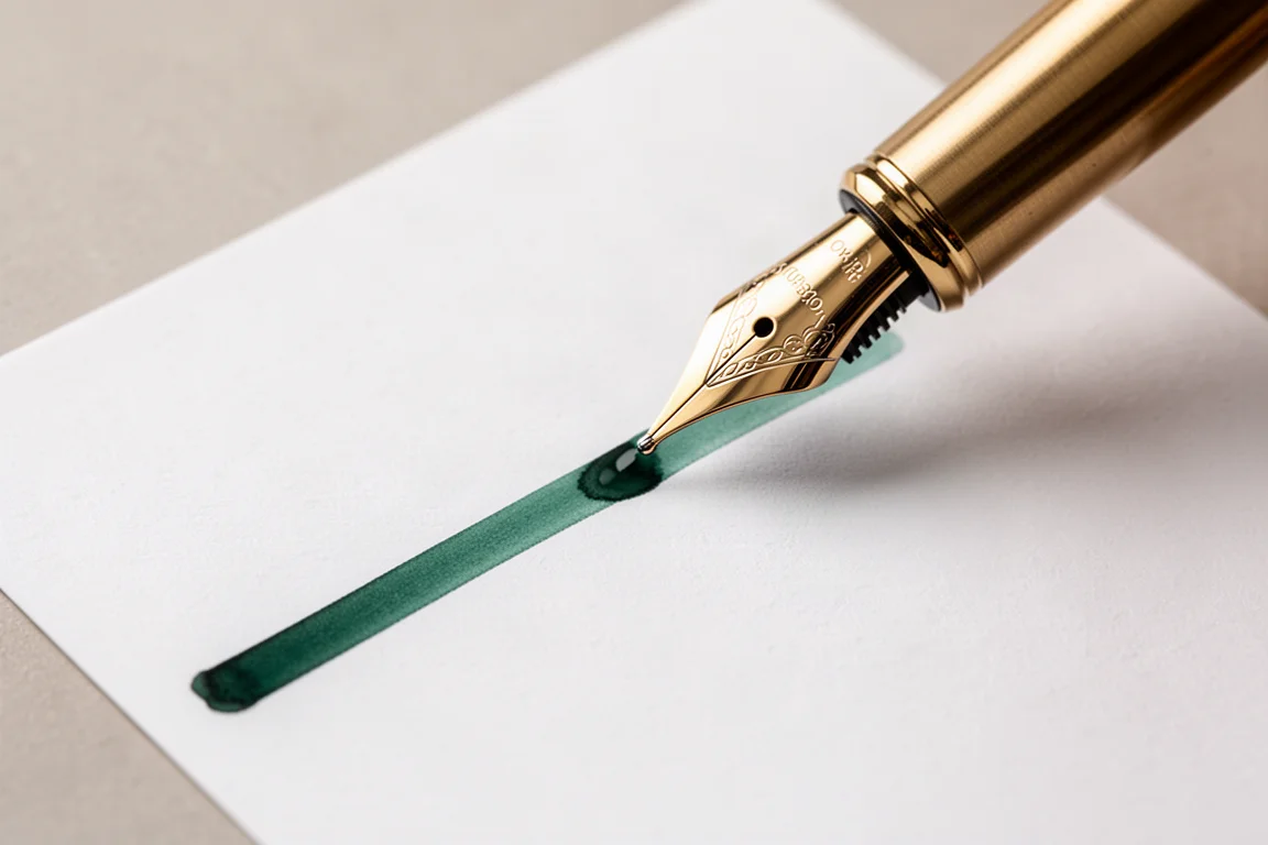 Breite Goldfeder eines Füllfederhalters schreibt eine gleichmäßige, nasse grüne Linie auf Papier