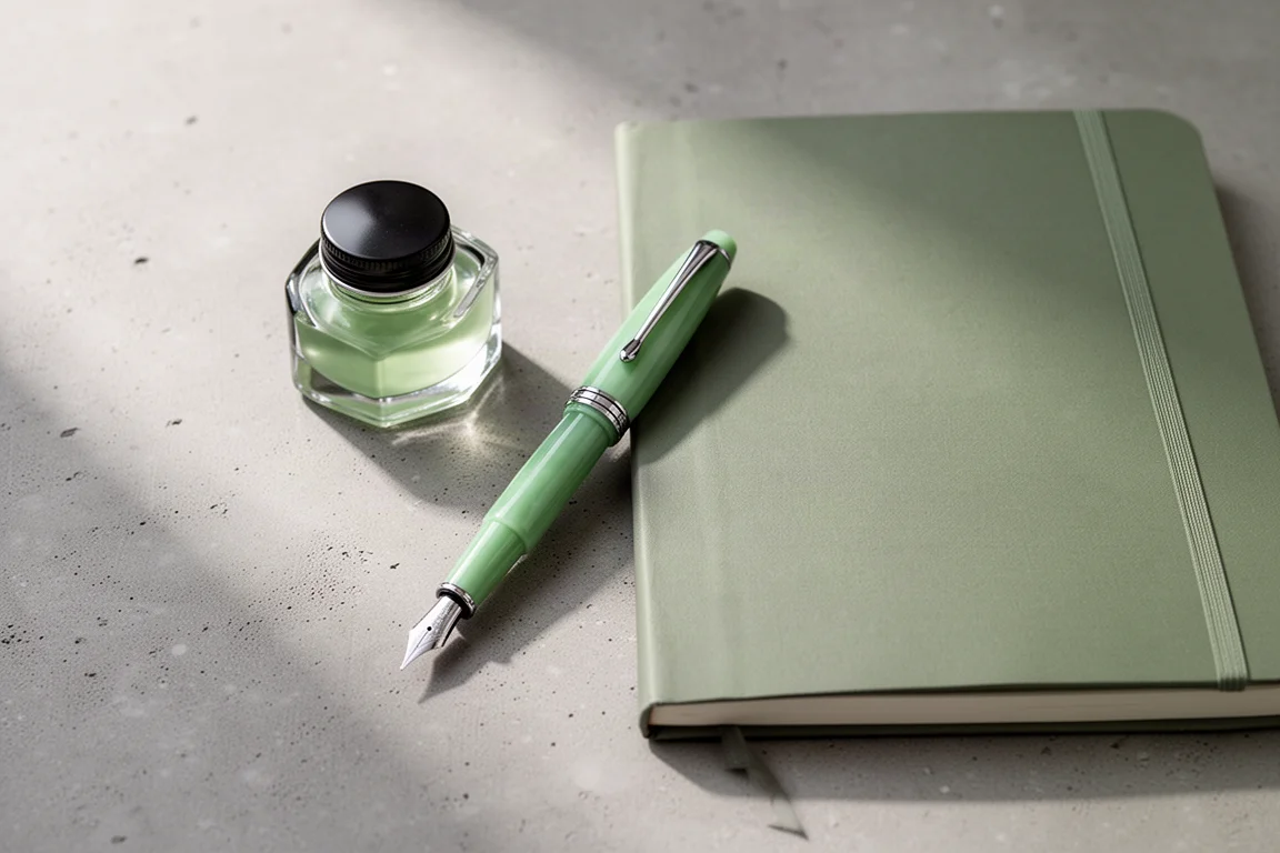 Flat Lay mit Füllfederhalter, Tintenflasche und Notizbuch auf neutralem Schreibtisch