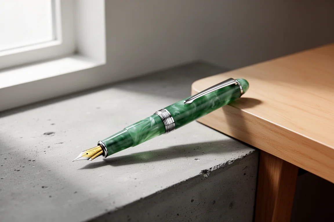 Penna stilografica in celluloide verde jade con finiture argentate su una superficie di cemento