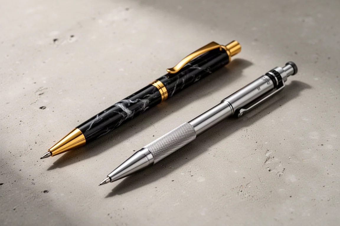 Two mechanical pencils, one black and gold, one silver drafting style, on concrete