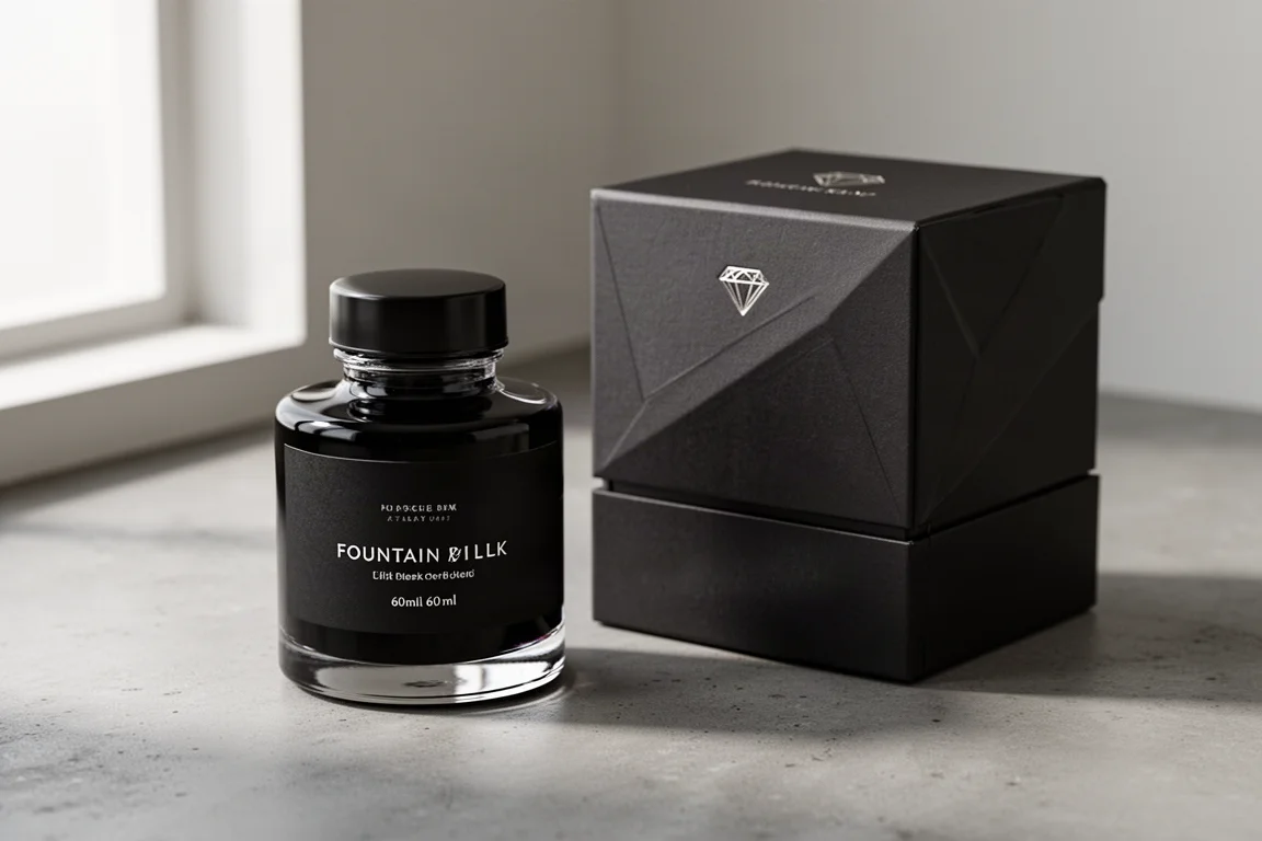 Bottiglia di inchiostro nero Platinum Chou Kuro accanto alla sua confezione regalo premium su una superficie in cemento